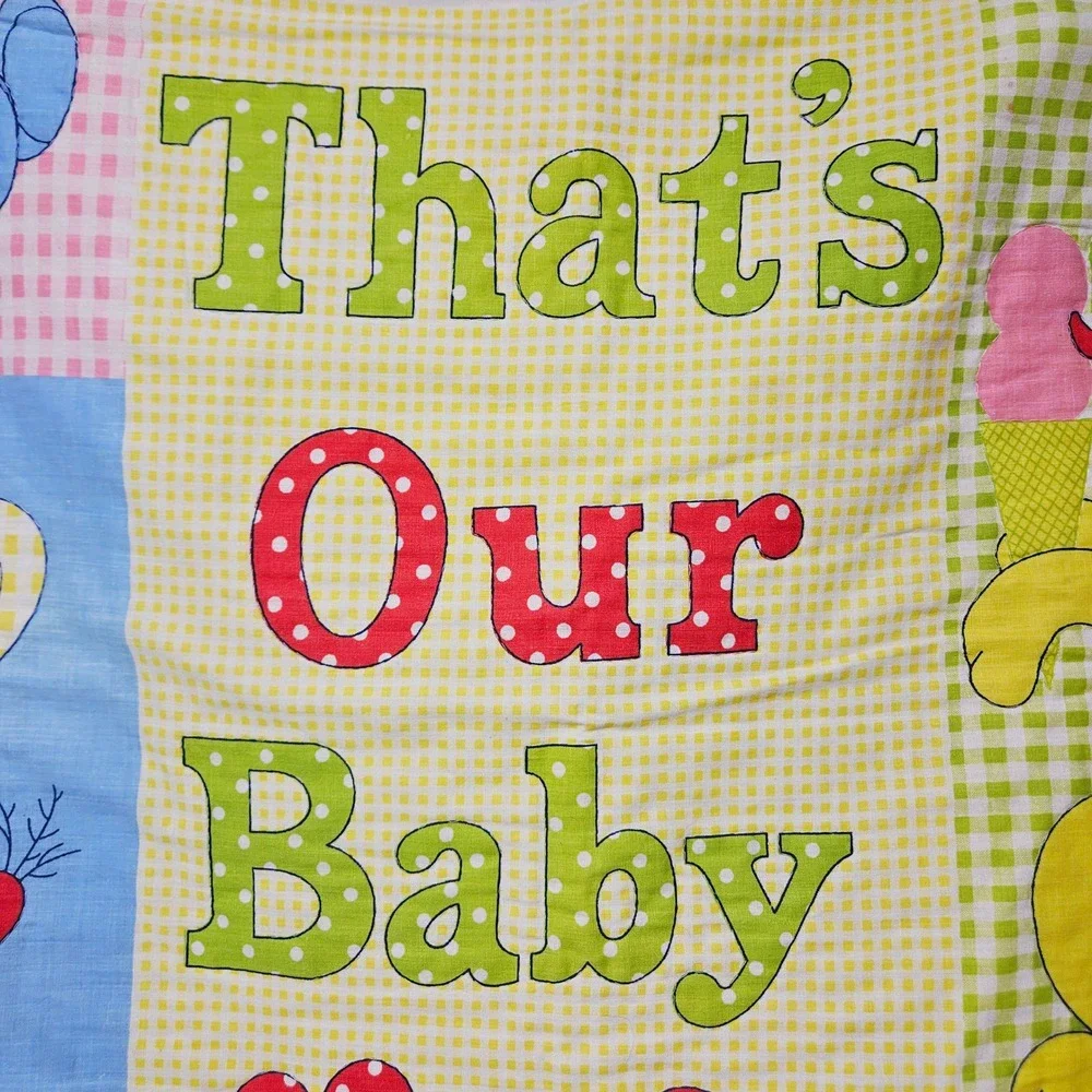 Vintage Thats Our Baby‎ Quilt Blanket Gingham Animal Patchwork Yellow Blue Retro